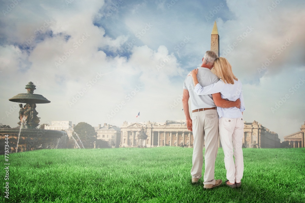 Poster composite image of happy couple standing and looking