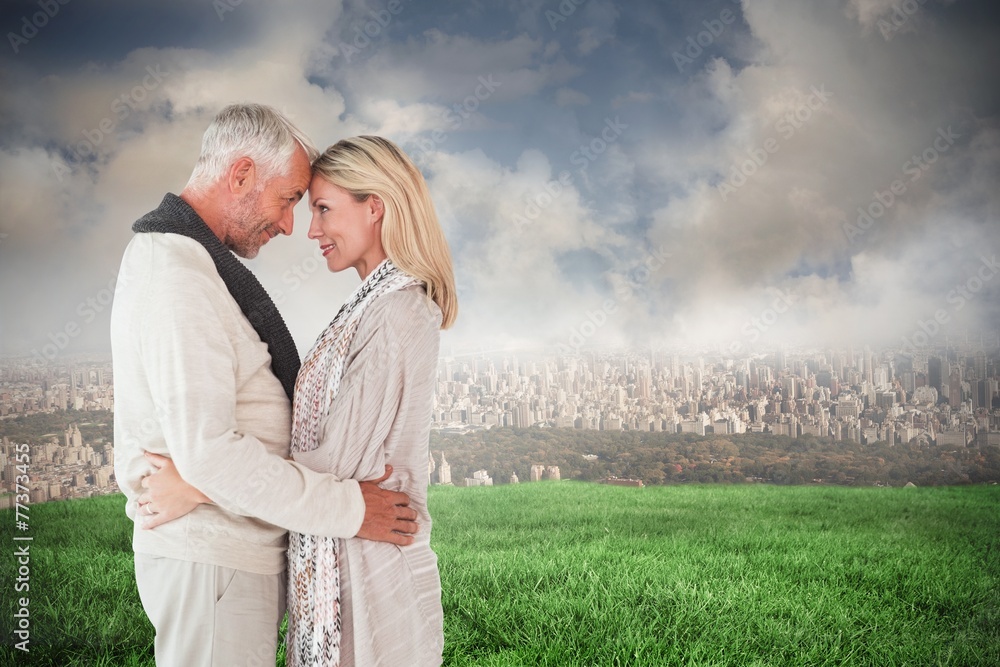 Poster composite image of happy couple standing and hugging
