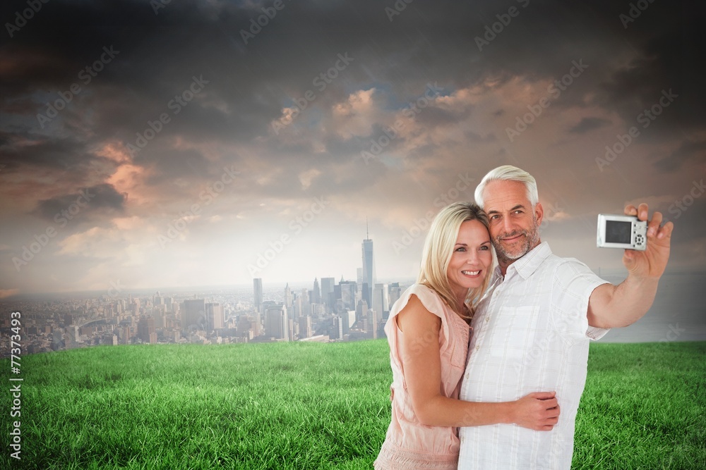 Poster composite image of happy couple posing for a selfie