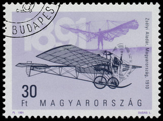 Stamp printed in Hungary shows 100th Anniversary of Airplanes