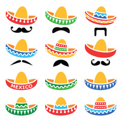 Mexican Sombrero hat with moustache or mustache icons - obrazy, fototapety, plakaty