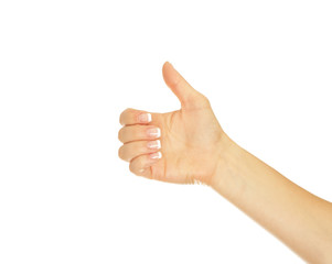 Woman hand holds virtual card or smart phone on white background © somen