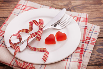Valentines dinner on wooden background