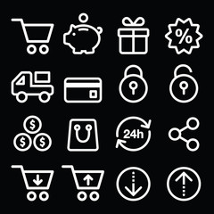 Shopping, online store white icons on black - line, stroke
