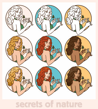 pin-up girl portrait of a circle cut leaves set