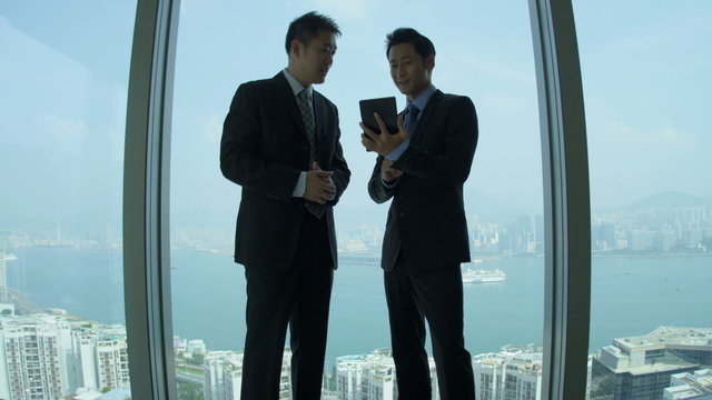 Asian Chinese Businessmen Silhouette Skyscraper Office Meeting 