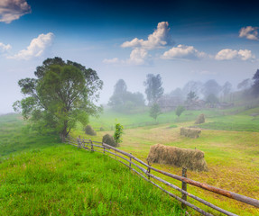 Obraz premium Foggy morning in the mountain village.