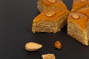 Baklava with almonds. Selective focus.