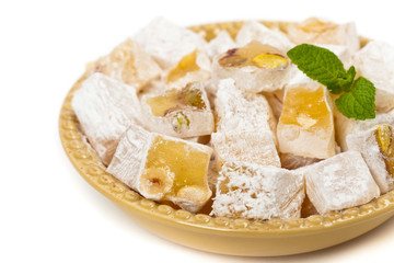 Turkish Delight Nuts Rahat Locum isolated on white background