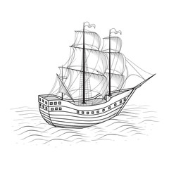 old ship with sails and the sea