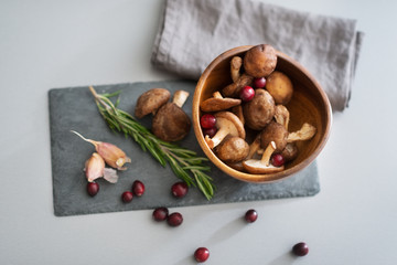 Closeup on mushrooms lingonberries and rosmarinus on table