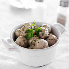 swedish meatballs in stoneware dish