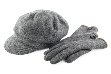 Woolen cap and gloves isolated on white background