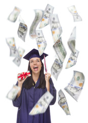 Female Graduate Holding $100 Bills with Many Falling Around Her