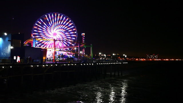 Night view of the attractions of the Santa Monica Pier