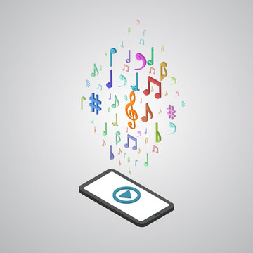 Mobile smartphone music services isometric style vector illustra