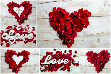 Collage: Love, red rose petals and hearts :)