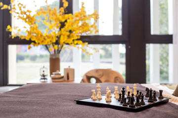 Chess in bed, yellow flower in the window.