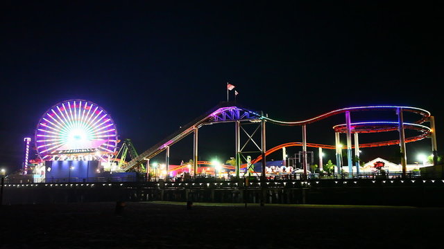 A night view of the attractions of the Santa Monica Pier