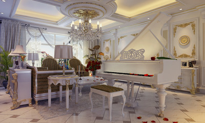 Design interior in white color with grand white piano
