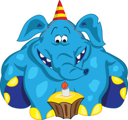 Веселый слон сидит и смотрит на торт со свечкой