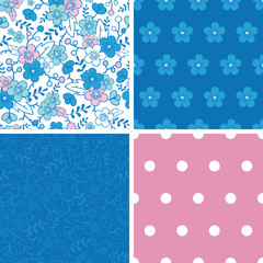 Vector blue and pink kimono blossoms set of four marching repeat