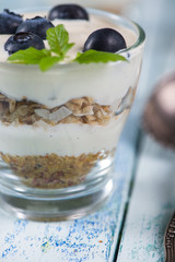 Fresh summer snack, blueberries yogurt and muesli