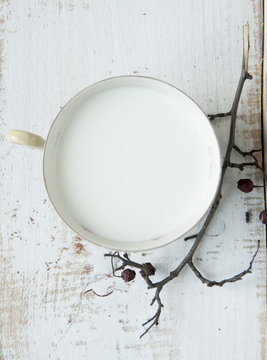 Cup of milk on wooden background. Top view