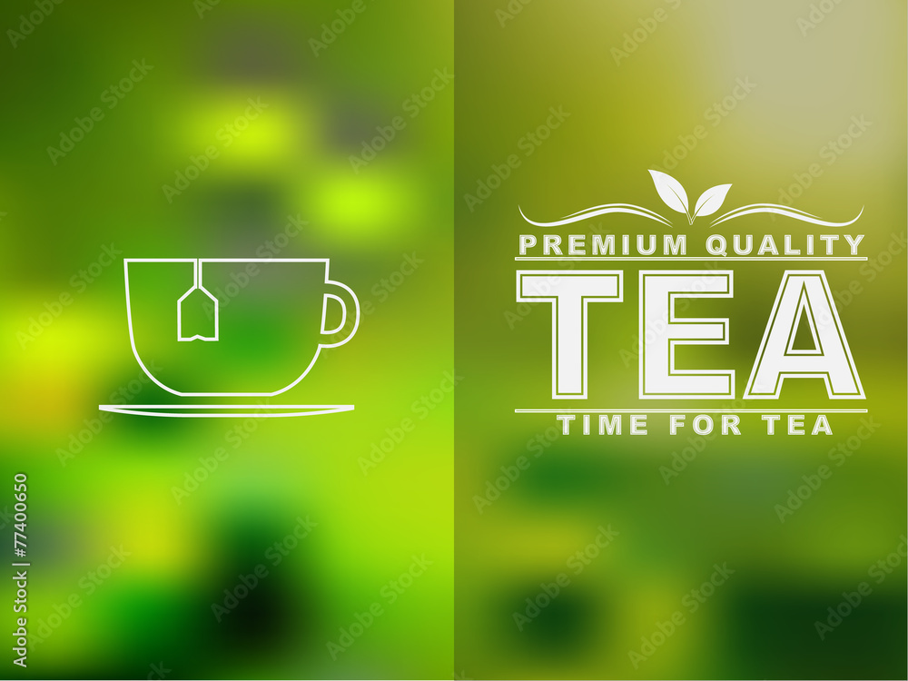 Wall mural tea cup icon and text design with a blurred background.