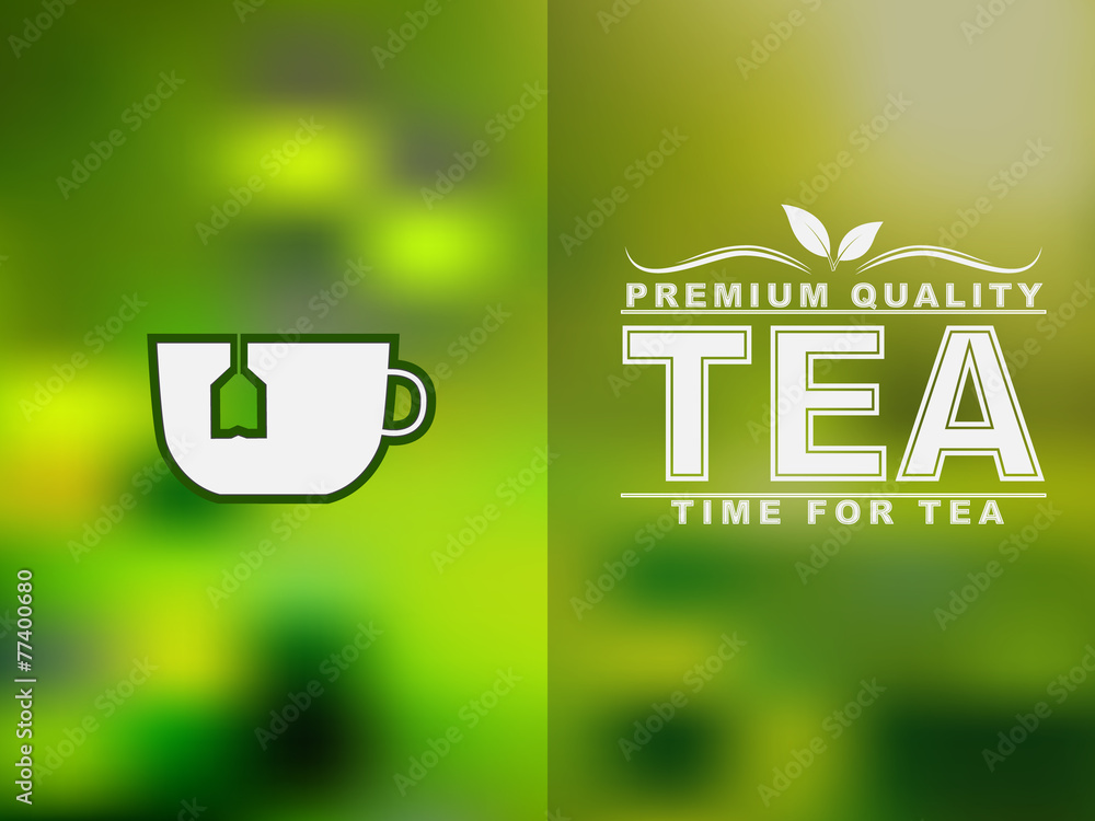 Poster tea cup icon and text design with a blurred background.