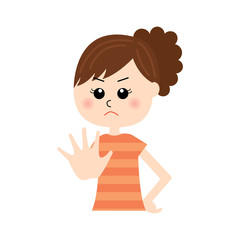 A young woman holding her hand in front to show stop gesture