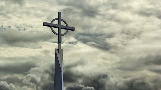 Time lapse of a Christian steeple as rain come down in front of 