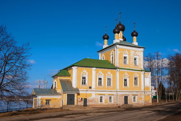 Ancient temple near  road in ancient Russian town of Uglich