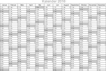 Kalender 2016 universal - ohne Feiertage