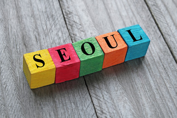 word Seoul on colorful wooden cubes