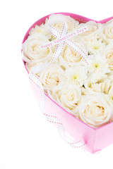 White roses and pearl and diamond held in the heart shape box