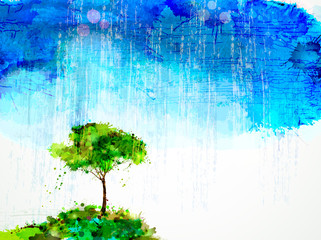 A single tree stands under rain cloud.