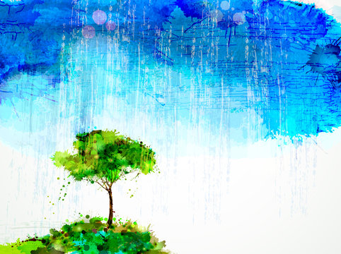 A single tree stands under rain cloud.