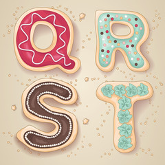 Hand drawn letters Q through T in the shape of cookies