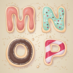 Hand drawn letters Mthrough P in the shape of cookies