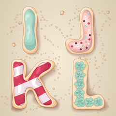 Hand drawn letters I through L in the shape of cookies