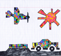 car and airplane on checkered paper. child drawing.
