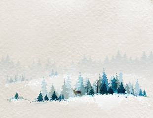 winter landscape with fir forests and deer