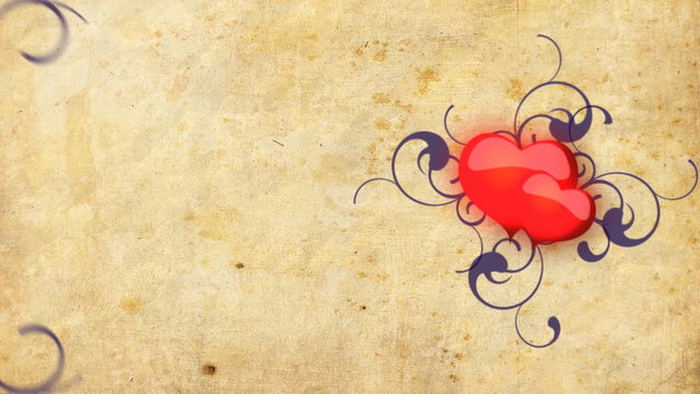 Red hearts beating on the old paper background