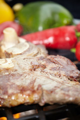 T-bone steak on the barbecue grill with vegetable spears in the