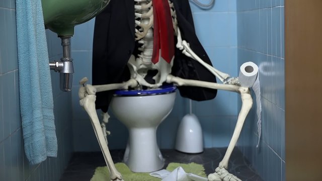 Skeleton sitting on the toilet having a number two