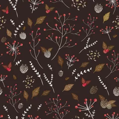 Behang Bruin naadloos patroon met herfstelementen