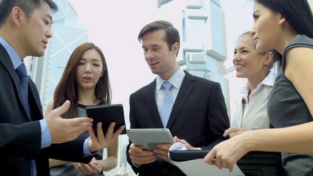 Asian Chinese Caucasian Business Team Tablet Technology 