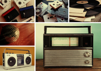Vinyl records, audio cassettes, microphone, tape recorder and