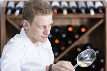 man analyzing a white wine glass.